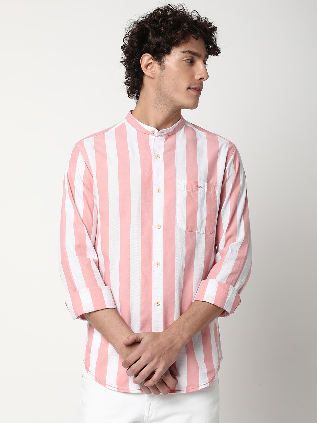 

Mufti Slim Fit Vertical Striped Casual Pure Cotton Shirt, Pink