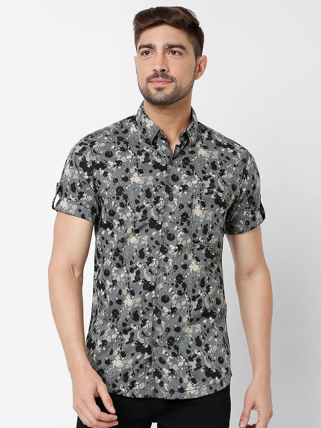 

Mufti Slim Fit Floral Opaque Printed Casual Shirt, Black