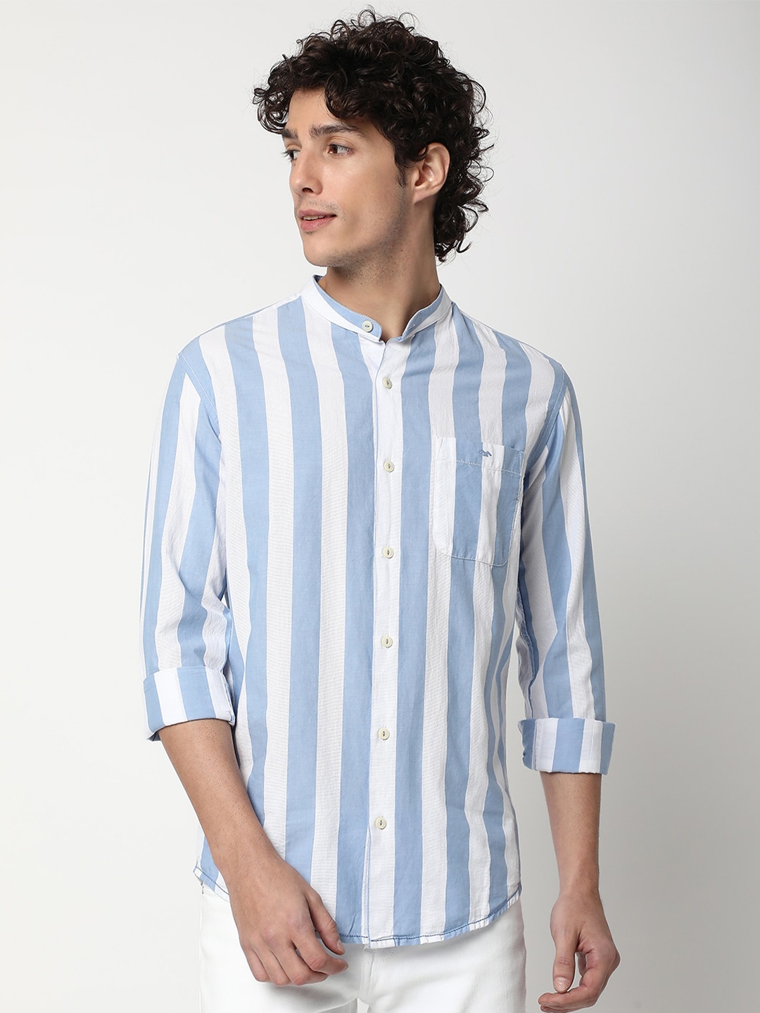 

Mufti Vertical Striped Spread Collar Pure Cotton Slim Fit Casual Shirt, Blue