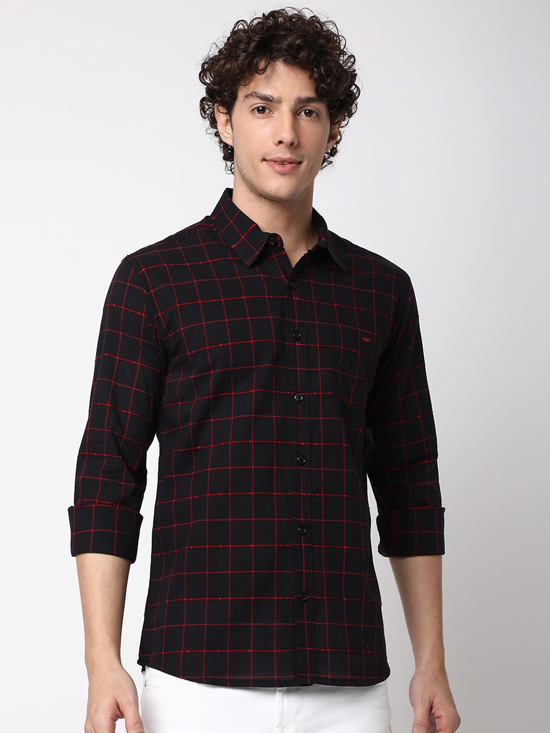 

Mufti Tartan Checked Spread Collar Pure Cotton Slim Fit Casual Shirt, Black