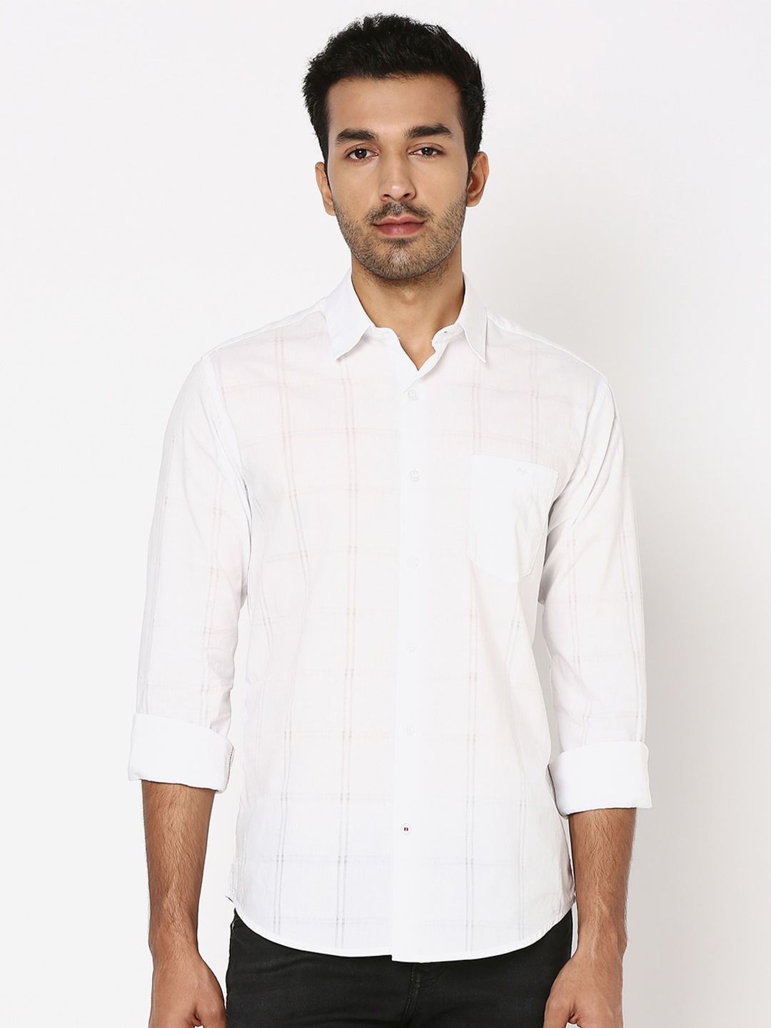 

Mufti Windowpane Checked Spread Collar Pure Cotton Slim Fit Casual Shirt, White