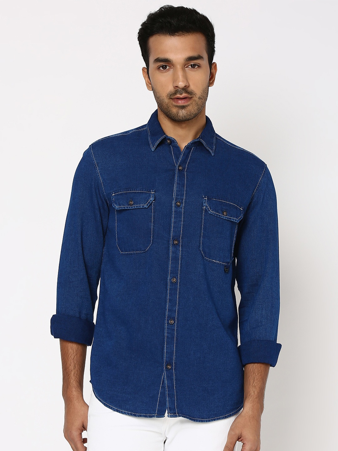 

Mufti Spread Collar Slim Fit Pure Cotton Casual Shirt, Blue