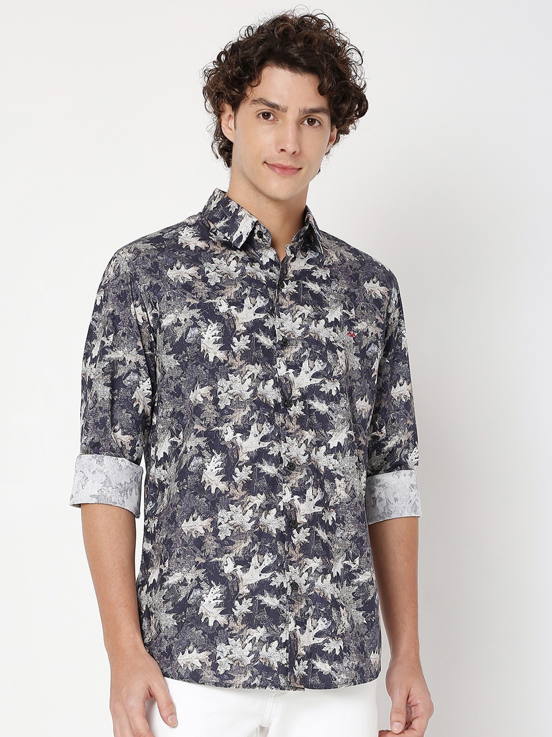 

Mufti Slim Fit Floral Printed Spread Collar Casual Pure Cotton Shirt, Navy blue