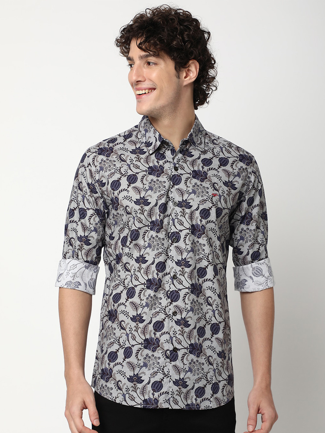 

Mufti Floral Printed Spread Collar Pure Cotton Slim Fit Casual Shirt, Grey