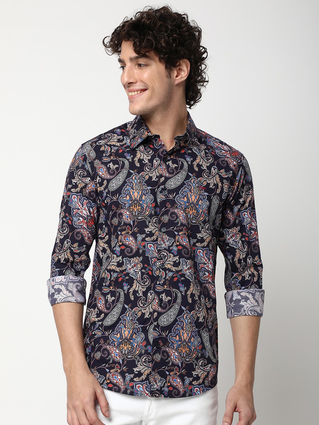 

Mufti Slim Fit Paisley Printed Pure Cotton Casual Shirt, Navy blue