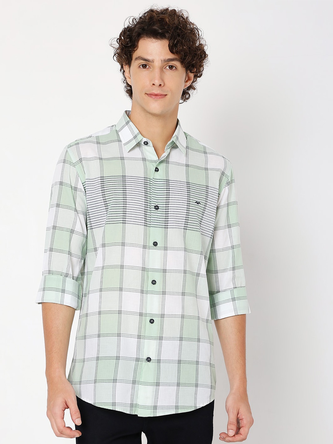 

Mufti Slim Fit Checked Pure Cotton Casual Shirt, Green