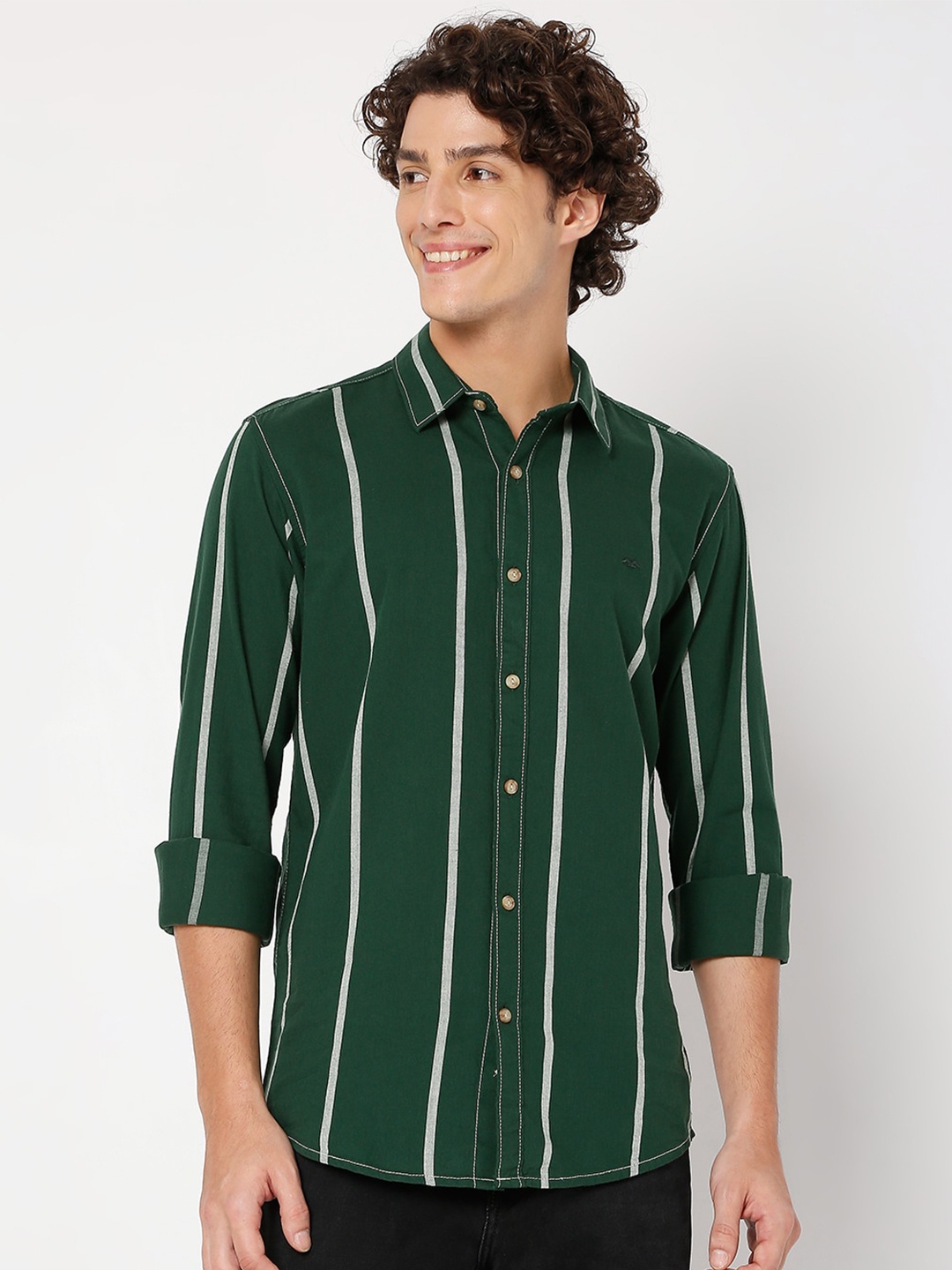 

Mufti Slim Fit Vertical Striped Pure Cotton Casual Shirt, Green