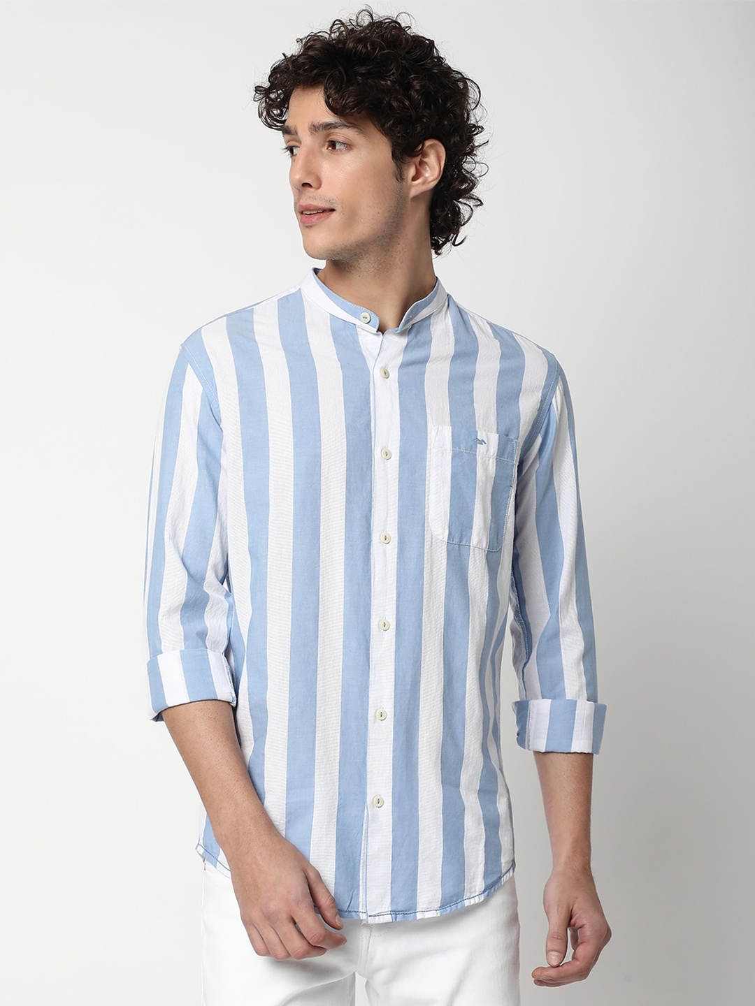 

Mufti Mandarin Collar Slim Fit Striped Pure Cotton Casual Shirt, Blue