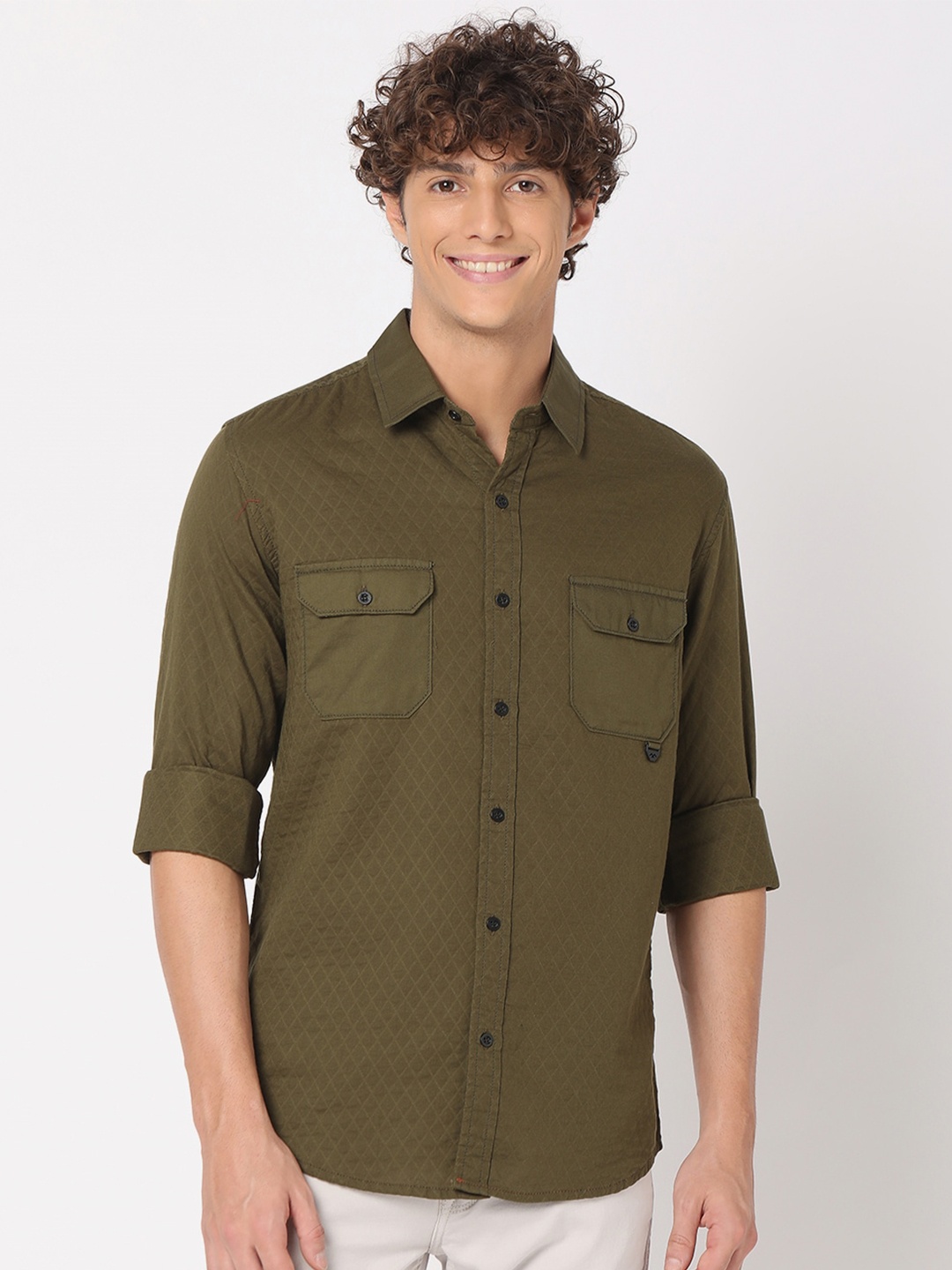 

Mufti Self Design Spread Collar Pure Cotton Slim Fit Casual Shirt, Olive