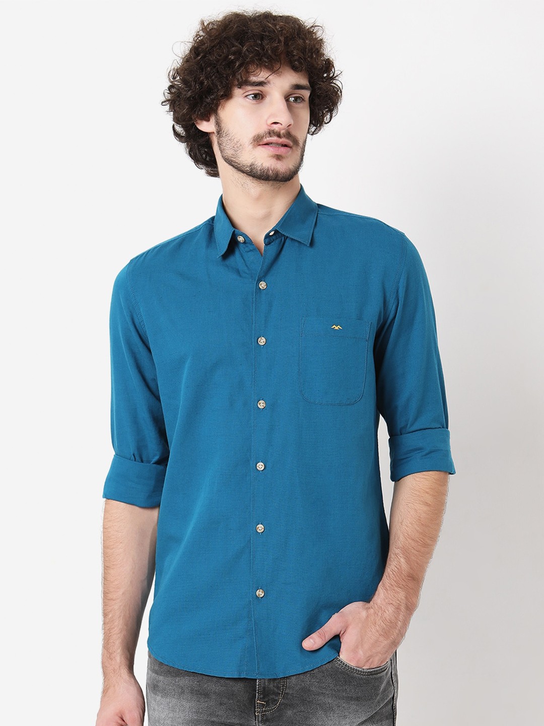 

Mufti Spread Collar Slim Fit Casual Cotton Linen Shirt, Blue
