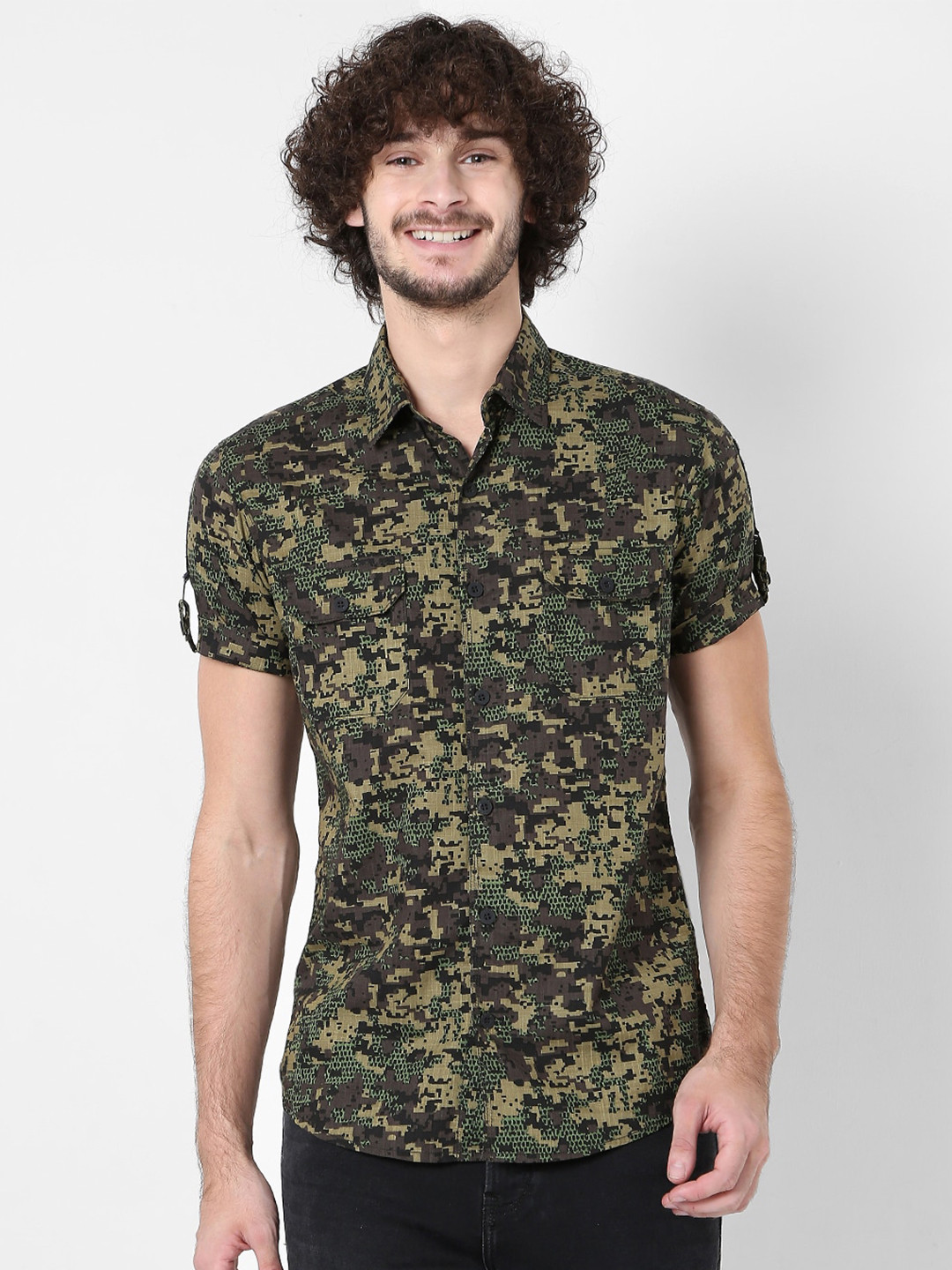

Mufti Abstract Printed Spread Collar Pure Cotton Slim Fit Casual Shirt, Olive