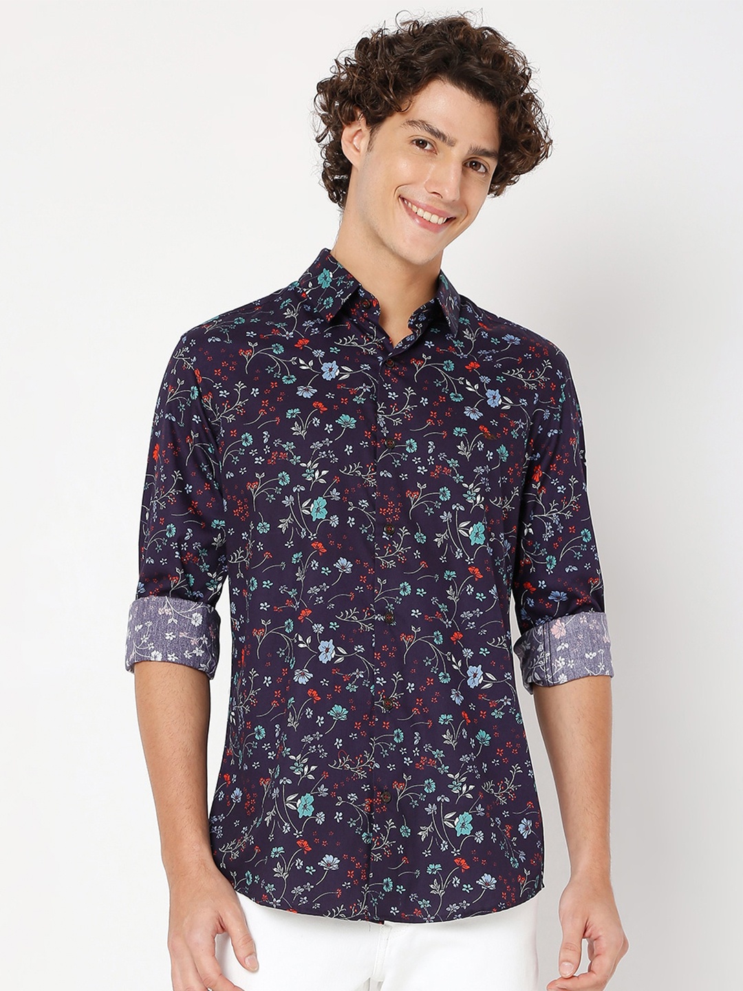 

Mufti Slim Fit Floral Printed Casual Shirt, Navy blue