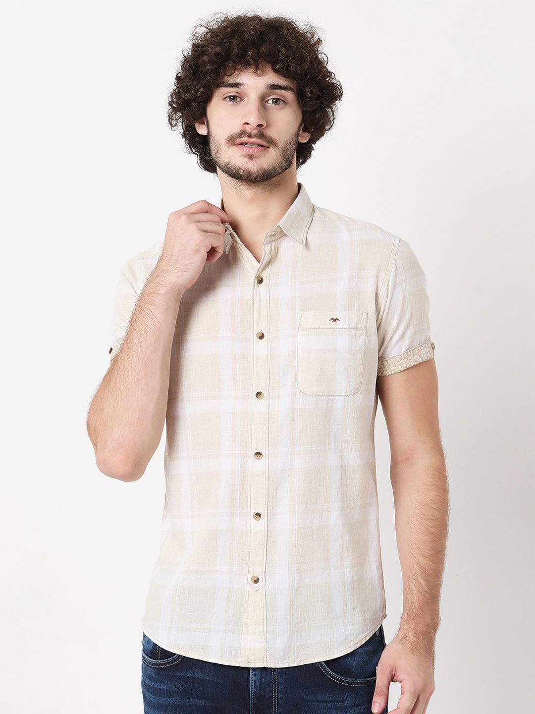 

Mufti Short Sleeves Slim Fit Checked Casual Pure Cotton Shirt, Cream