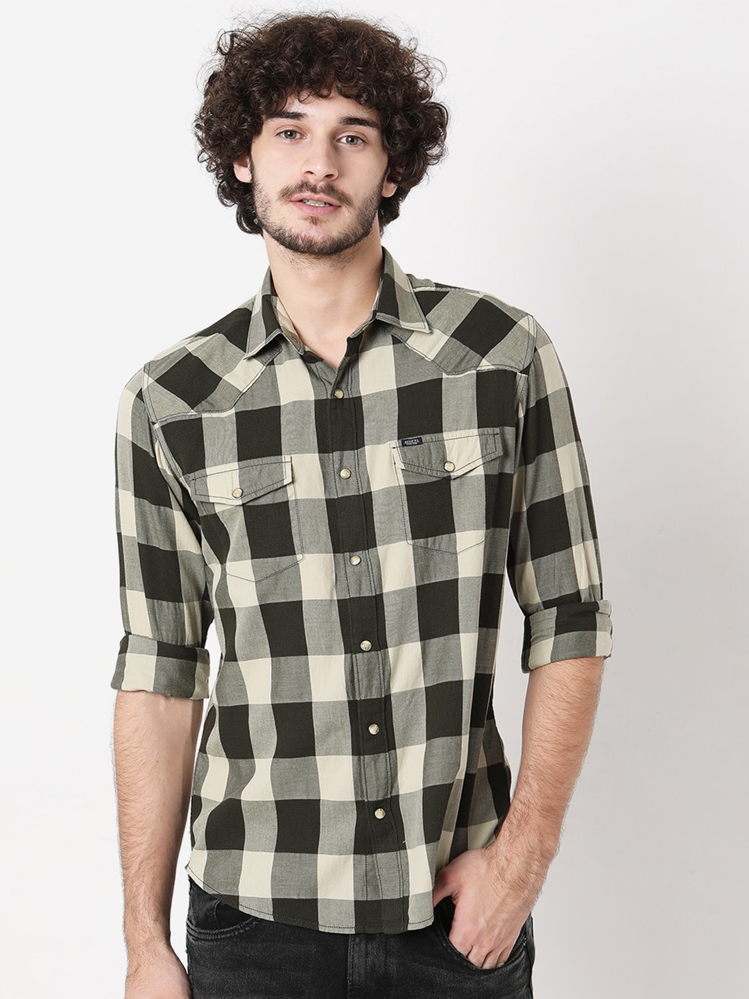 

Mufti Slim Fit Buffalo Checked Pure Cotton Casual Shirt, Olive