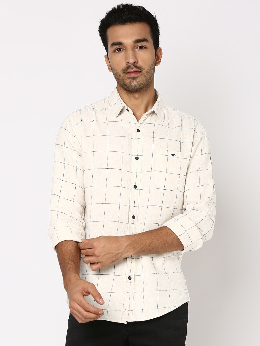 

Mufti Windowpane Checked Spread Collar Pure Cotton Slim Fit Casual Shirt, Off white