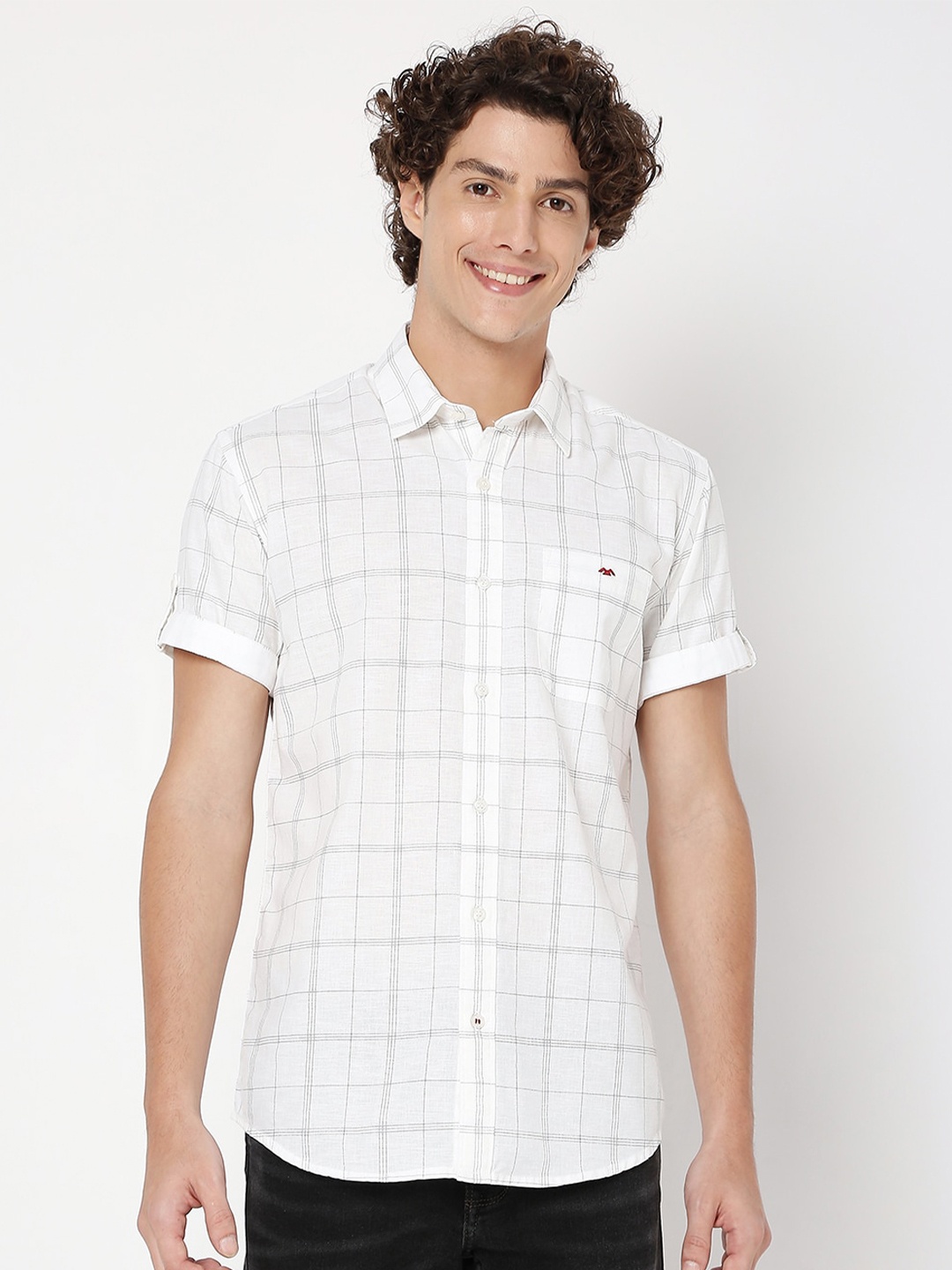 

Mufti Slim Fit Windowpane Checked Cotton Linen Casual Shirt, White