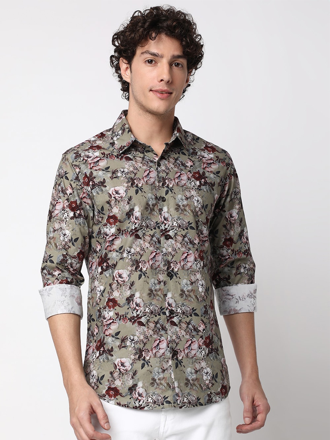 

Mufti Slim Fit Floral Printed Casual Shirt, Olive