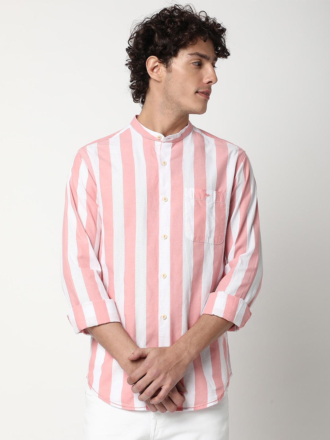 

Mufti Band Collar Slim Fit Striped Casual Pure Cotton Shirt, Pink