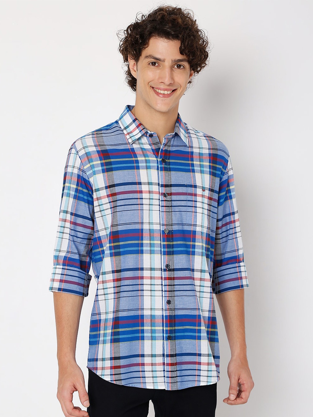 

Mufti Slim Fit Tartan Checks Pure Cotton Casual Shirt, Navy blue