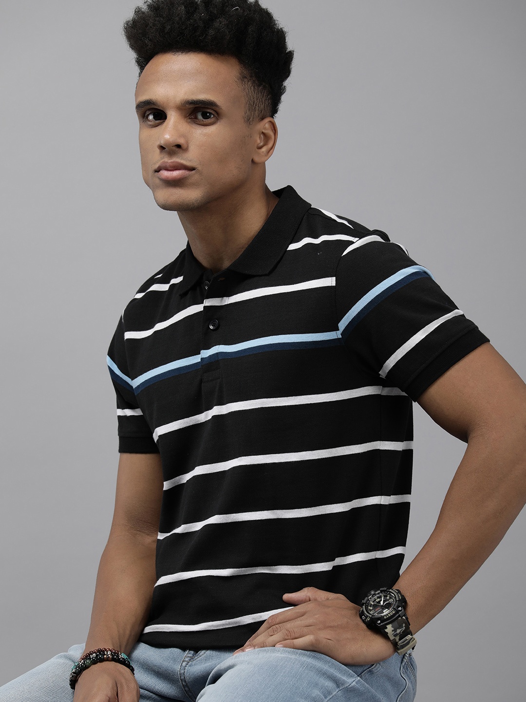 

Roadster Men Striped Polo Collar T-shirt, Black