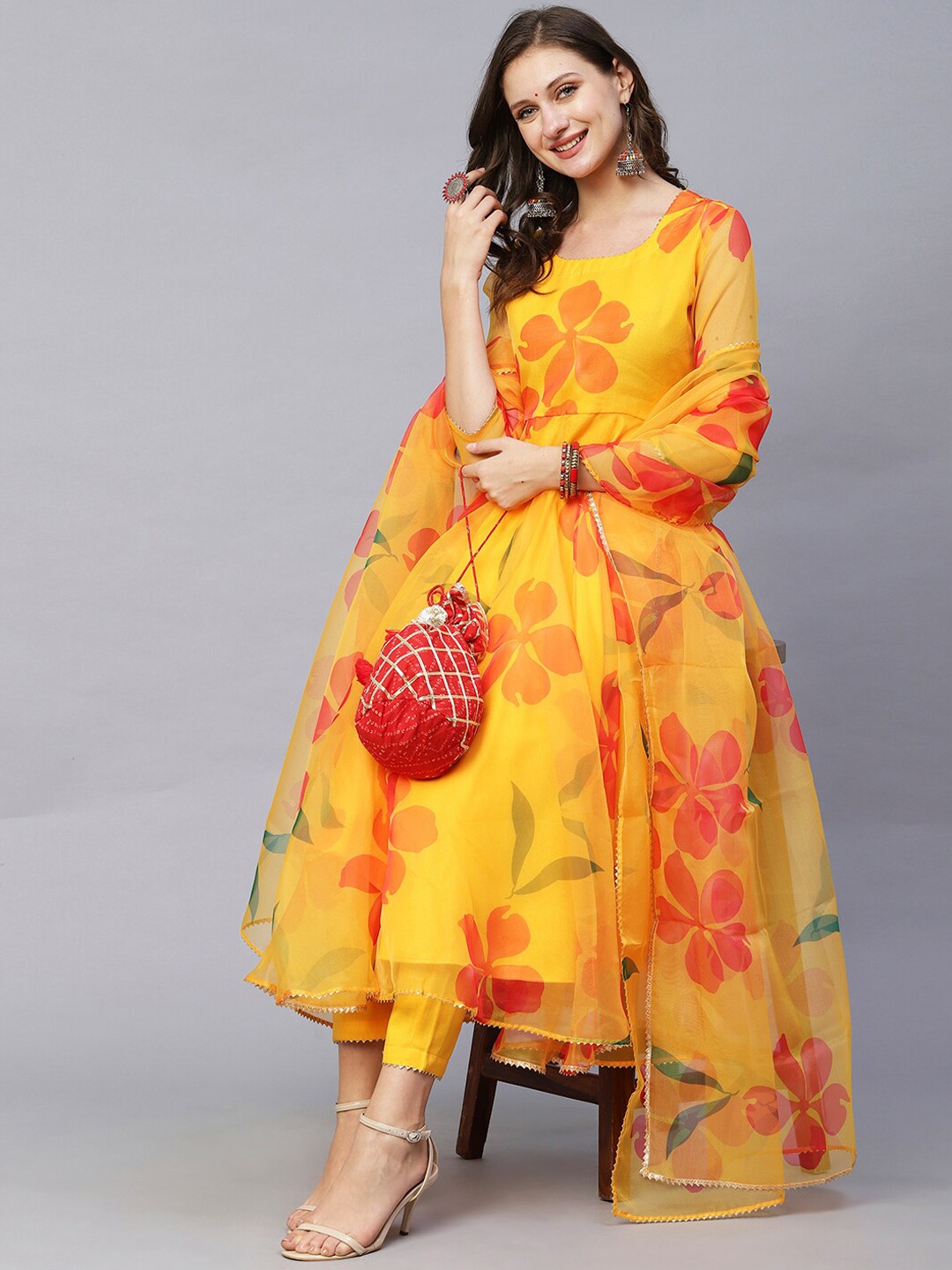 

KALINI Floral Printed Gotta Patti Kurta with Trousers & With Dupatta, Yellow