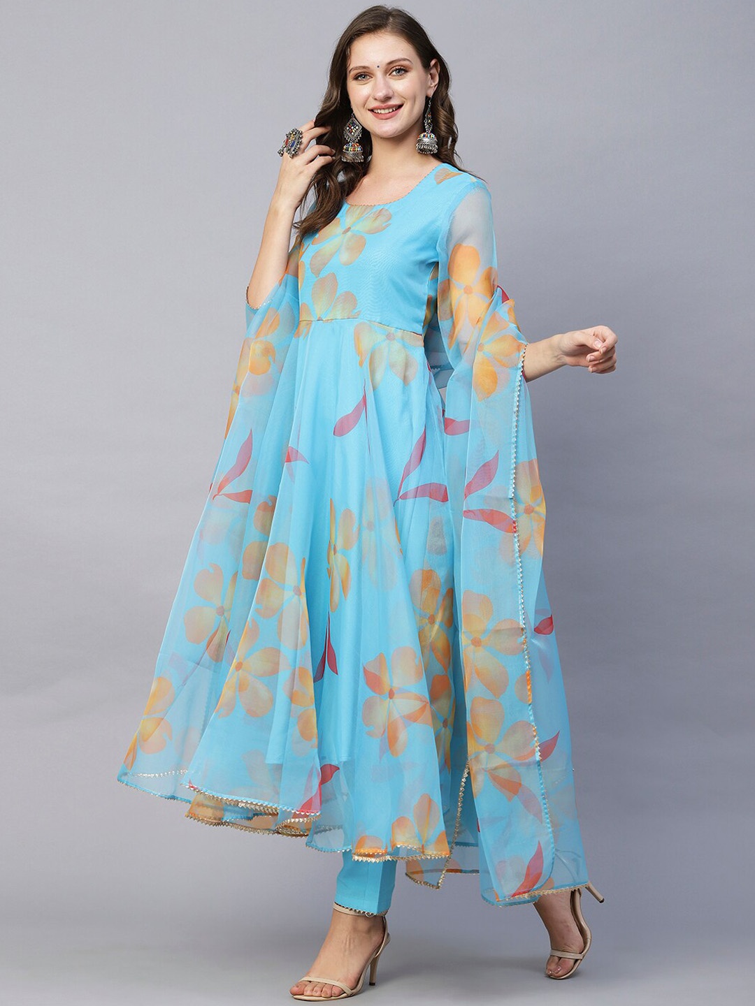 

KALINI Floral Printed Gotta Patti Kurta with Trousers & With Dupatta, Blue