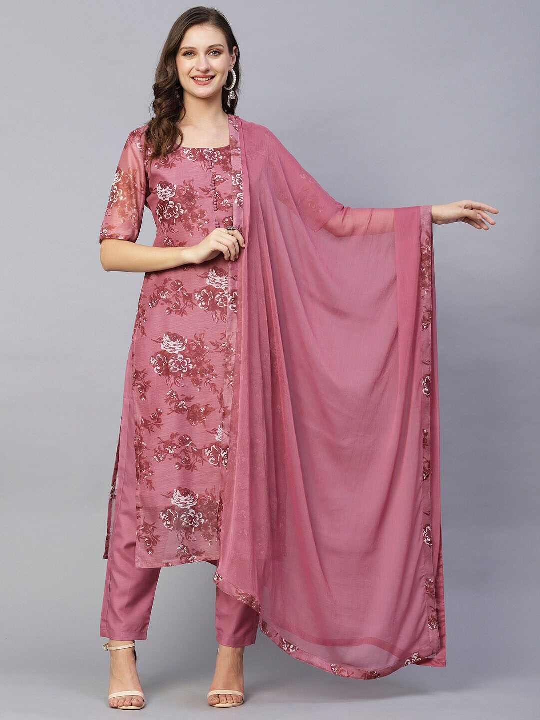 

KALINI Floral Printed Chanderi Cotton Kurta with Trousers & With Dupatta, Maroon