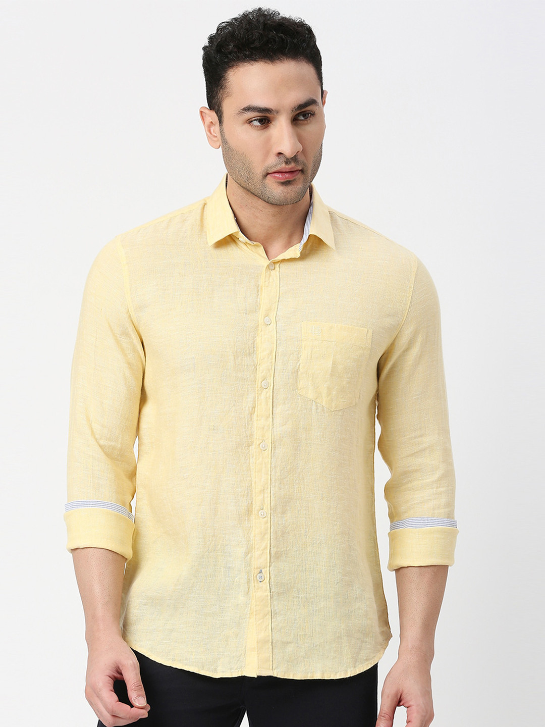 

DRAGON HILL Spread Collar Slim Fit Casual Linen Shirt, Yellow