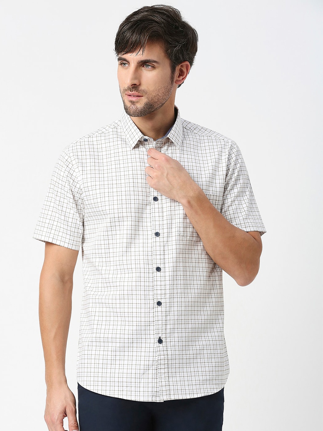 

DRAGON HILL Slim Fit Grid Tattersall Checks Cotton Casual Shirt, White