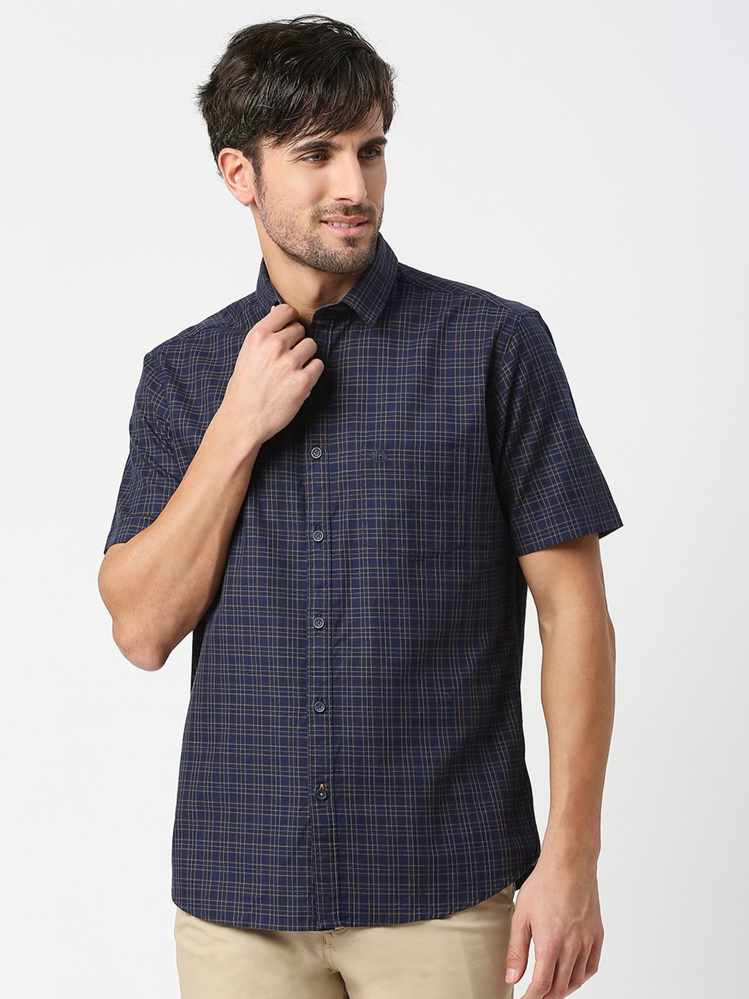 

DRAGON HILL Slim Fit Grid Tattersall Checked Twill Weave Cotton Shirt, Navy blue