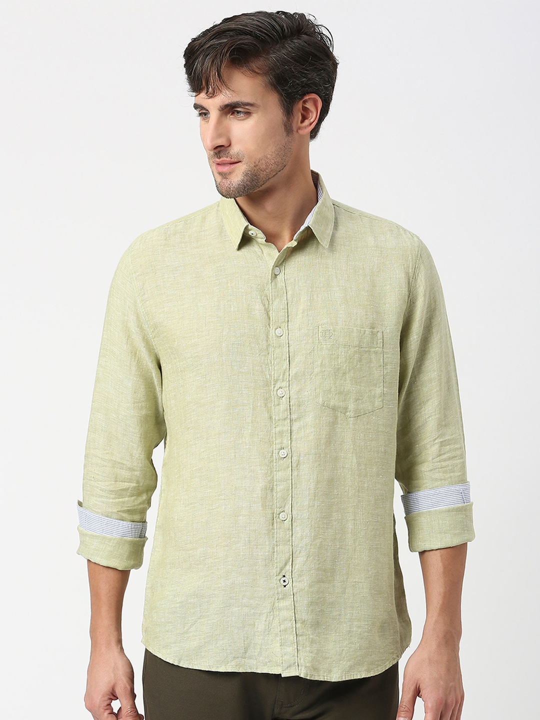 

DRAGON HILL Slim Fit Opaque Linen Casual Shirt, Green