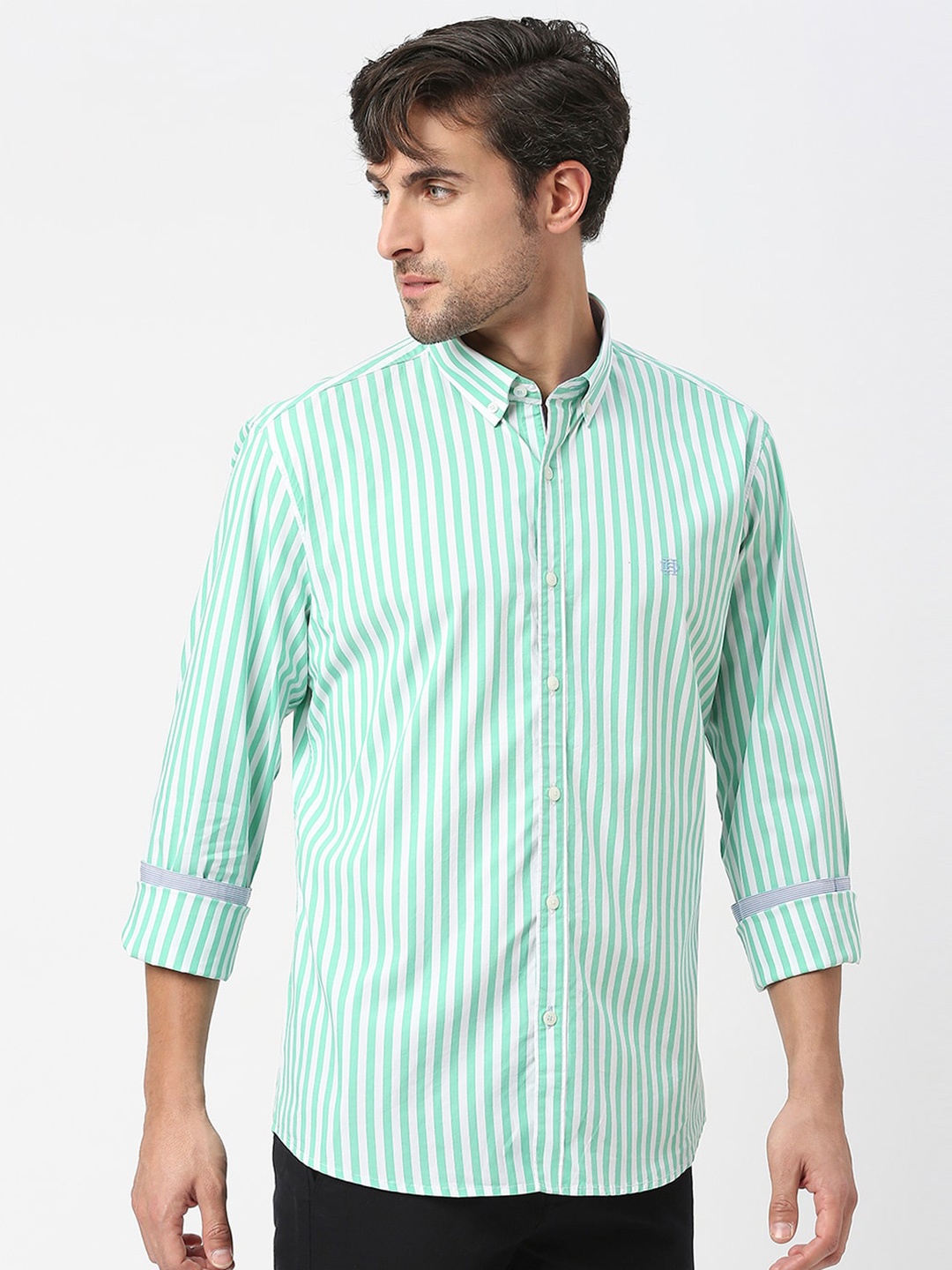

DRAGON HILL Slim Fit Striped Button-Down Collar Cotton Casual Shirt, Green