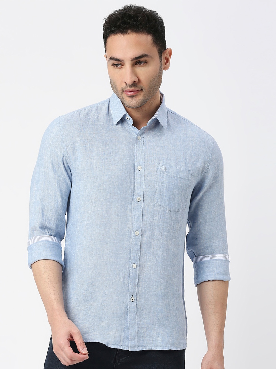 

DRAGON HILL Slim Fit Opaque Linen Casual Shirt, Blue