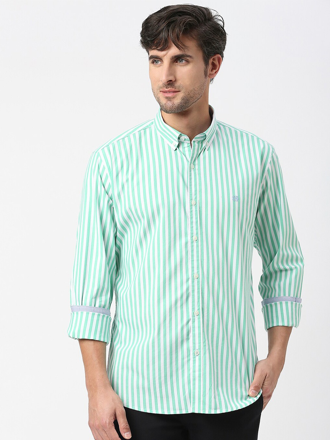 

DRAGON HILL Slim Fit Opaque Striped Cotton Casual Shirt, Green