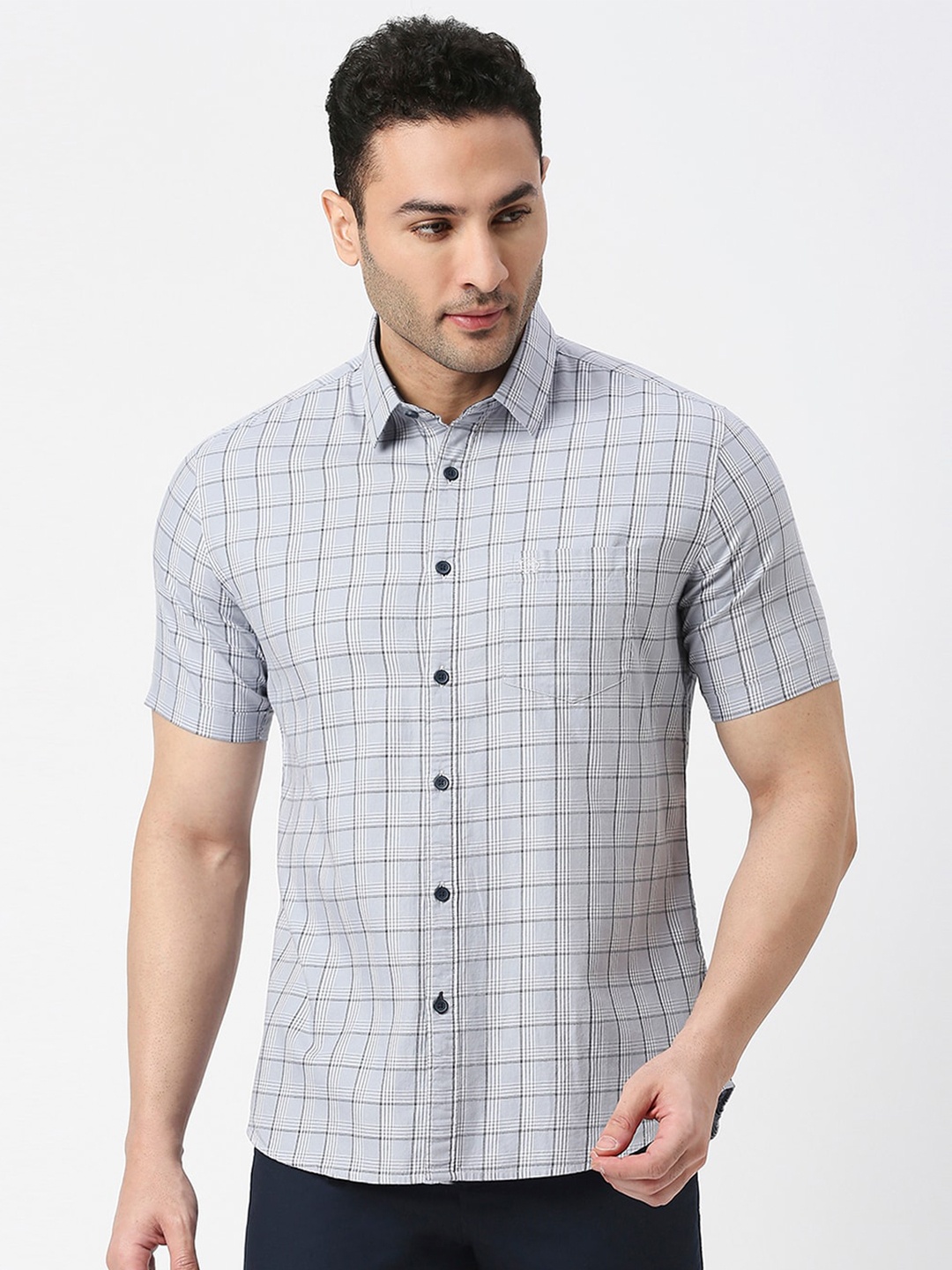 

DRAGON HILL Checked Spread Collar Slim Fit Cotton Casual Shirt, Grey