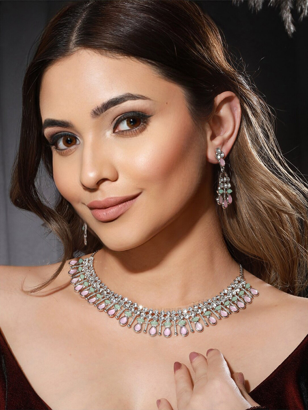 

Priyaasi Silver-Plated AD Stone-Studded Jewellery Set