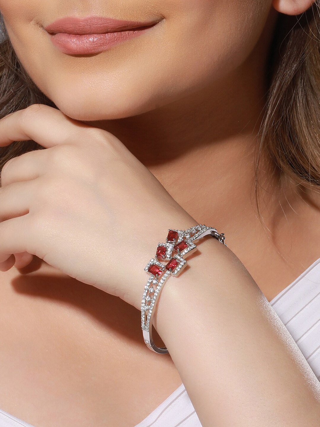 

Priyaasi Women Silver-Plated American Diamond Bangle-Style Bracelet