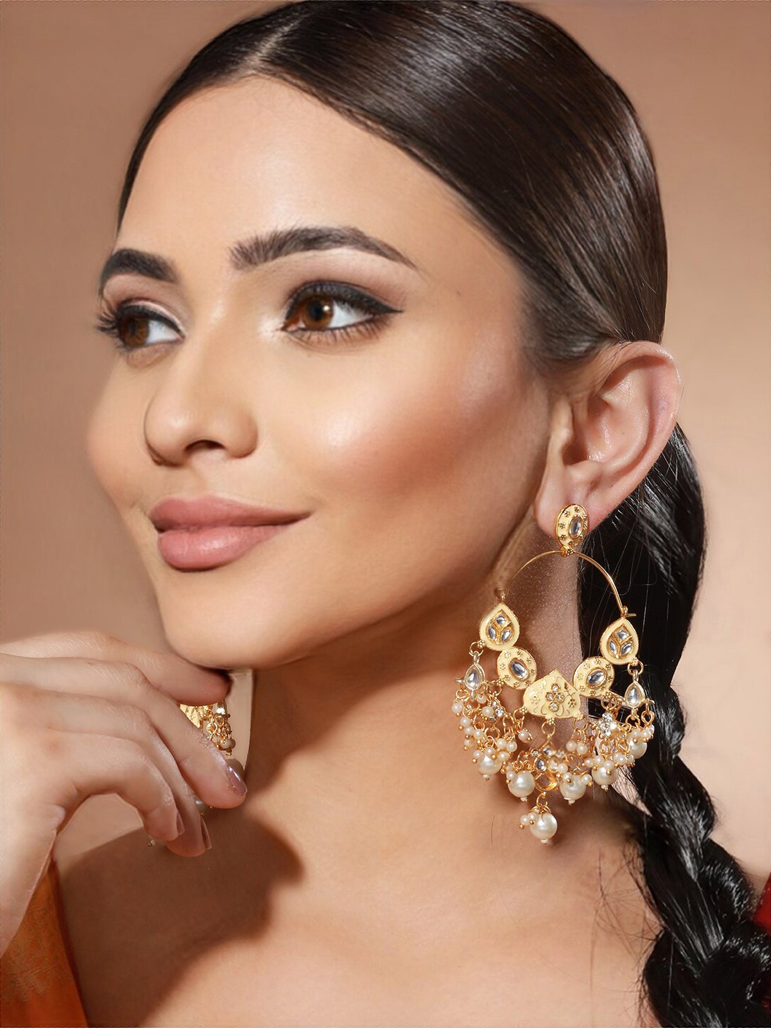 

Priyaasi Gold-Plated Contemporary Kundan Studded & Beaded Drop Earrings