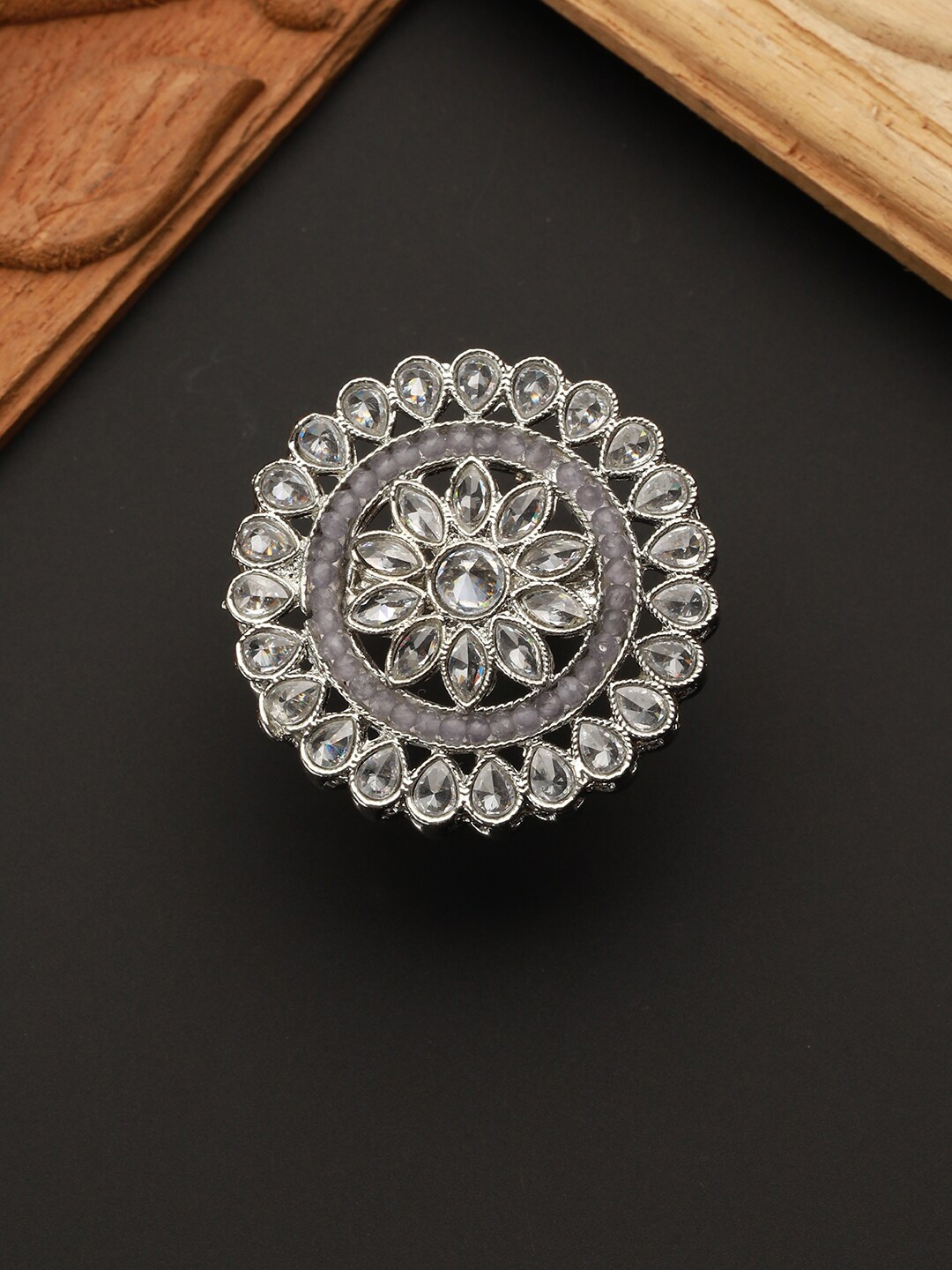 

Priyaasi Silver-Plated & AD-Studded Floral Shaped Adjustable Finger Ring