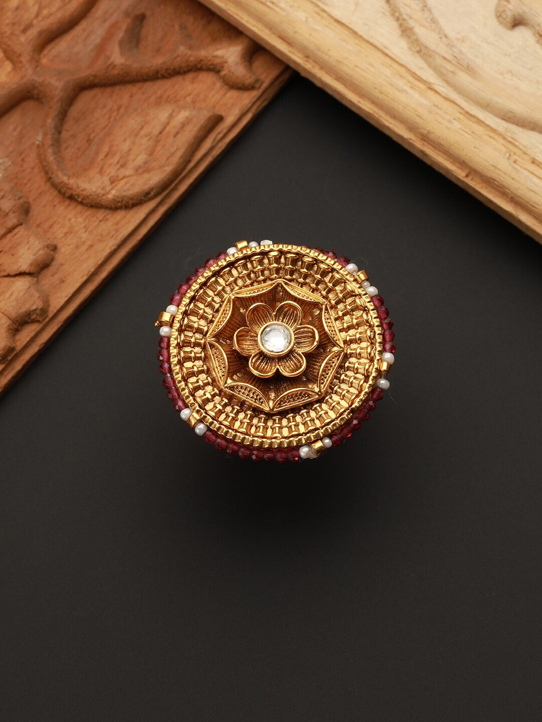 

Priyaasi Gold-Plated & Stone Studded Beaded Adjustable Flower Finger Ring