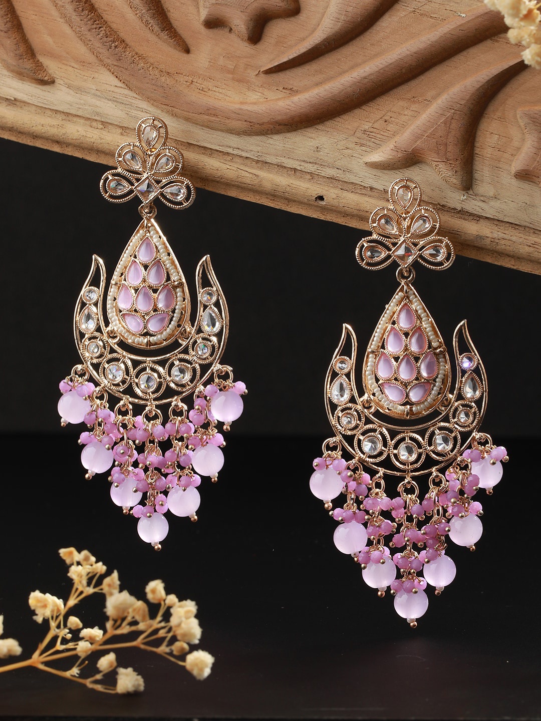 

Priyaasi Gold Plated Contemporary Stone Studded & Beaded Drop Earrings