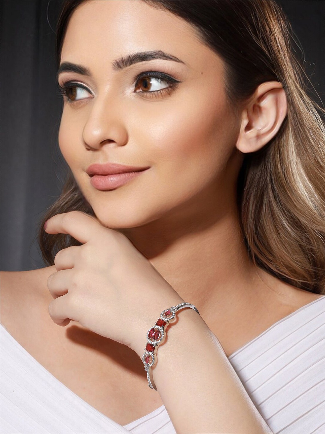 

Priyaasi Women Silver-Plated American Diamond Bangle-Style Bracelet