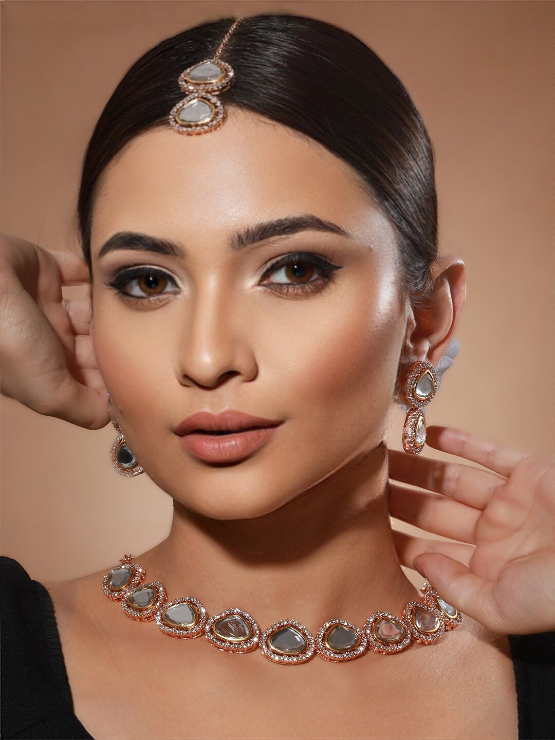 

Priyaasi Rose Gold-Plated AD Stone-Studded Jewellery Set With Maangtika