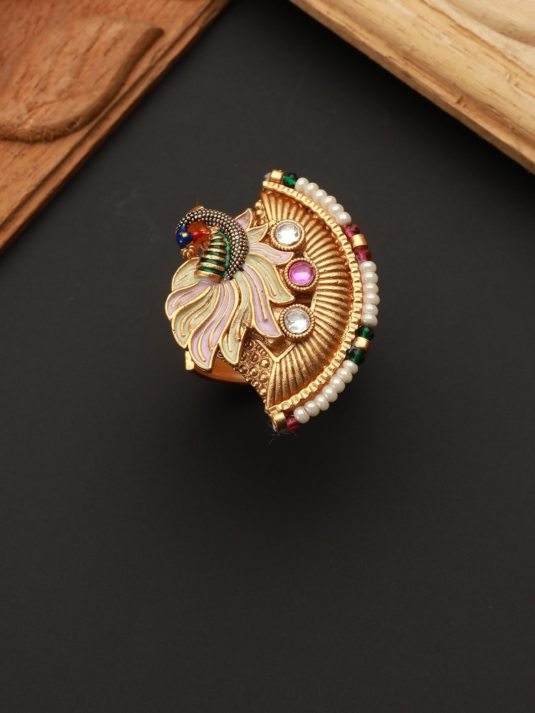 

Priyaasi Gold-Plated Stone-Studded & Beaded Finger Ring