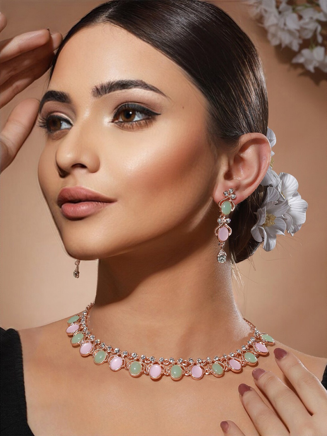 

Priyaasi Rose Gold-Plated AD Stone-Studded Jewellery Set