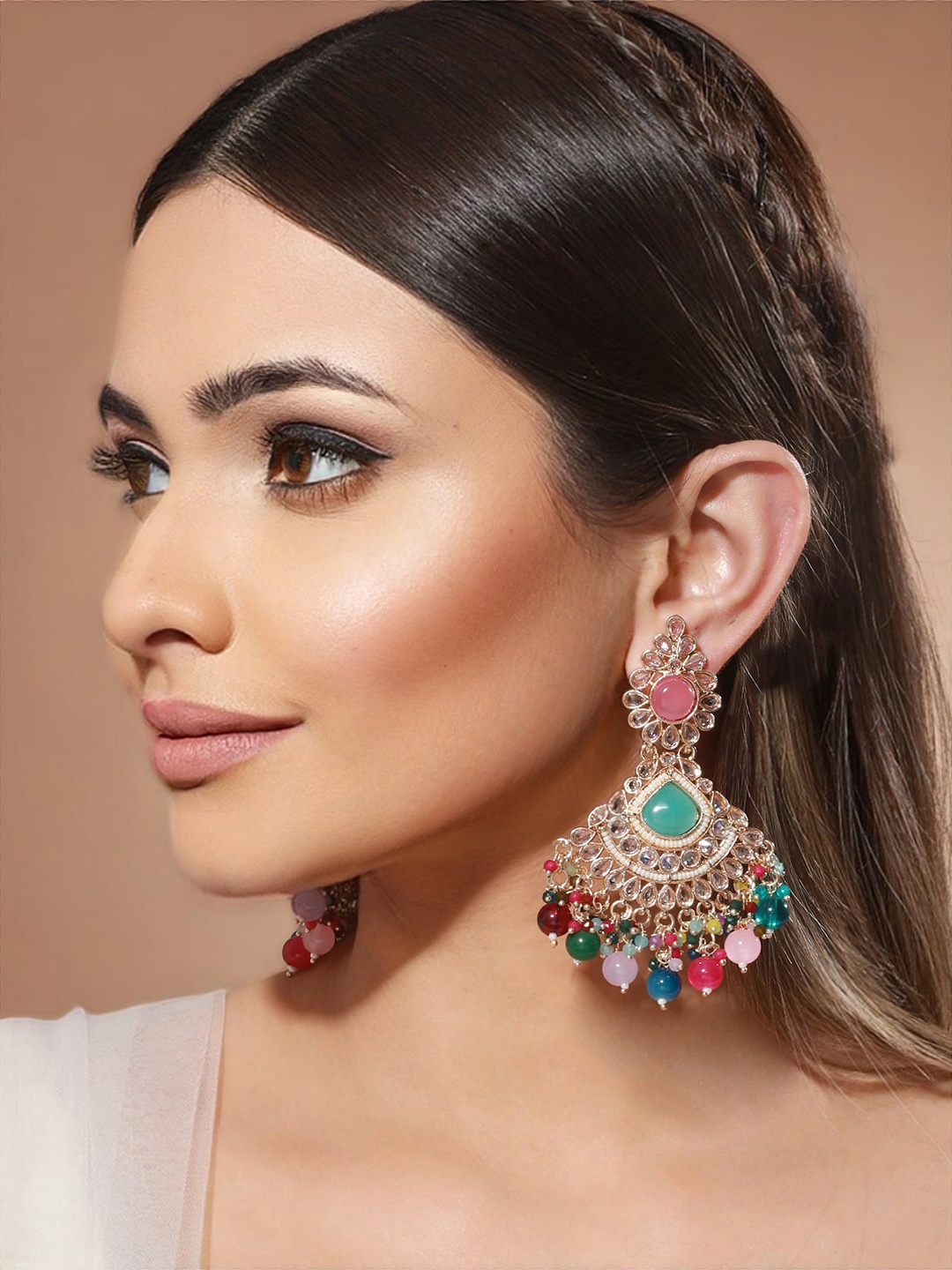 

Priyaasi Gold Plated Contemporary Stone Studded & Beaded Drop Earrings