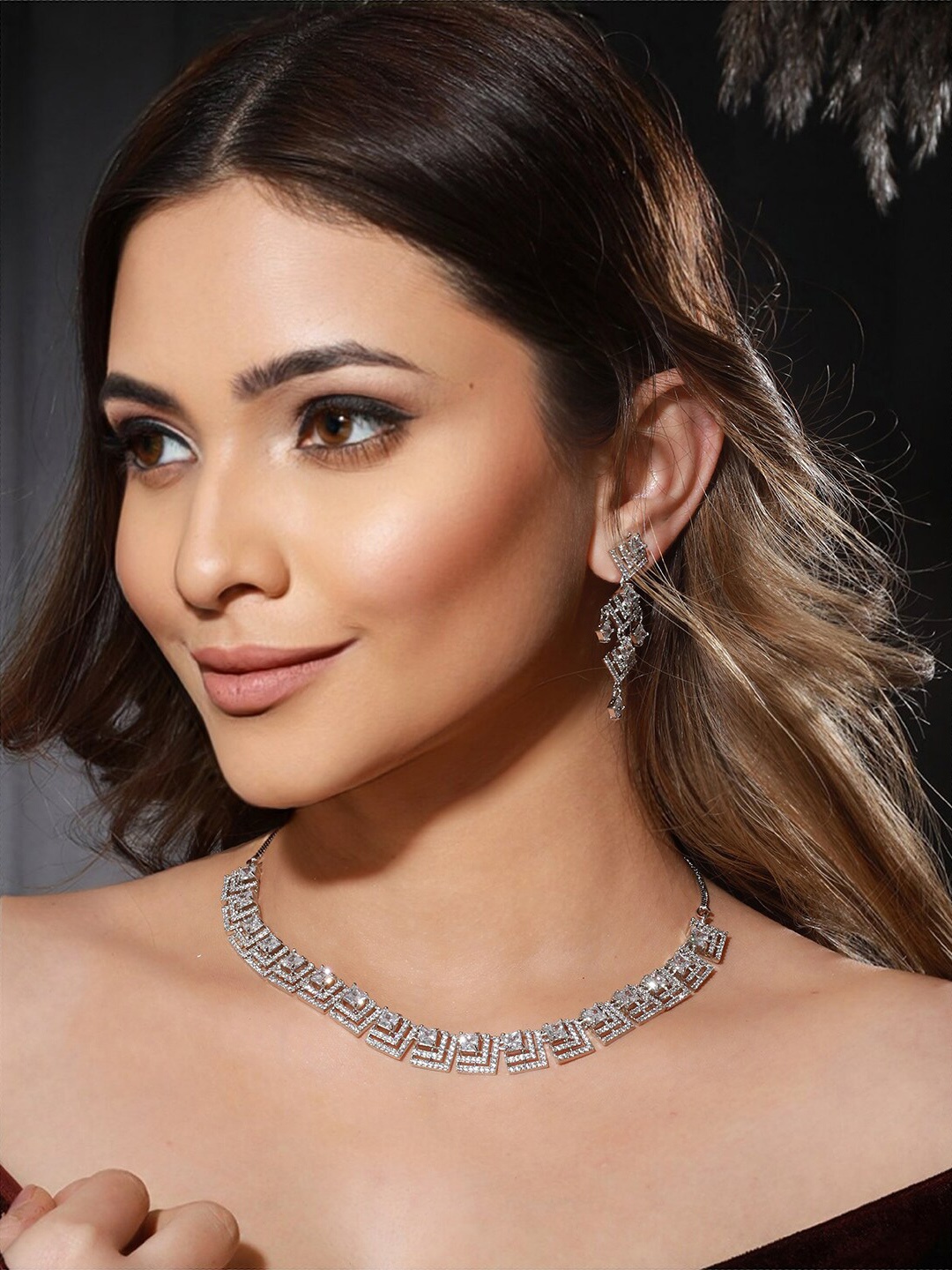 

Priyaasi Silver-Plated AD Stone-Studded Jewellery Set
