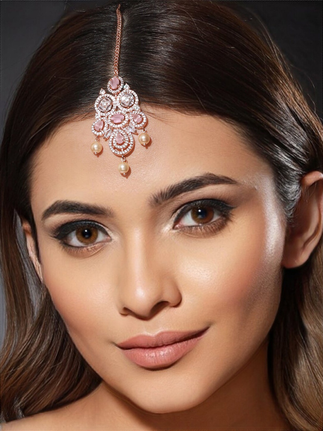

Priyaasi Rose Gold-Plated Stone-Studded & Beaded Maang Tikka