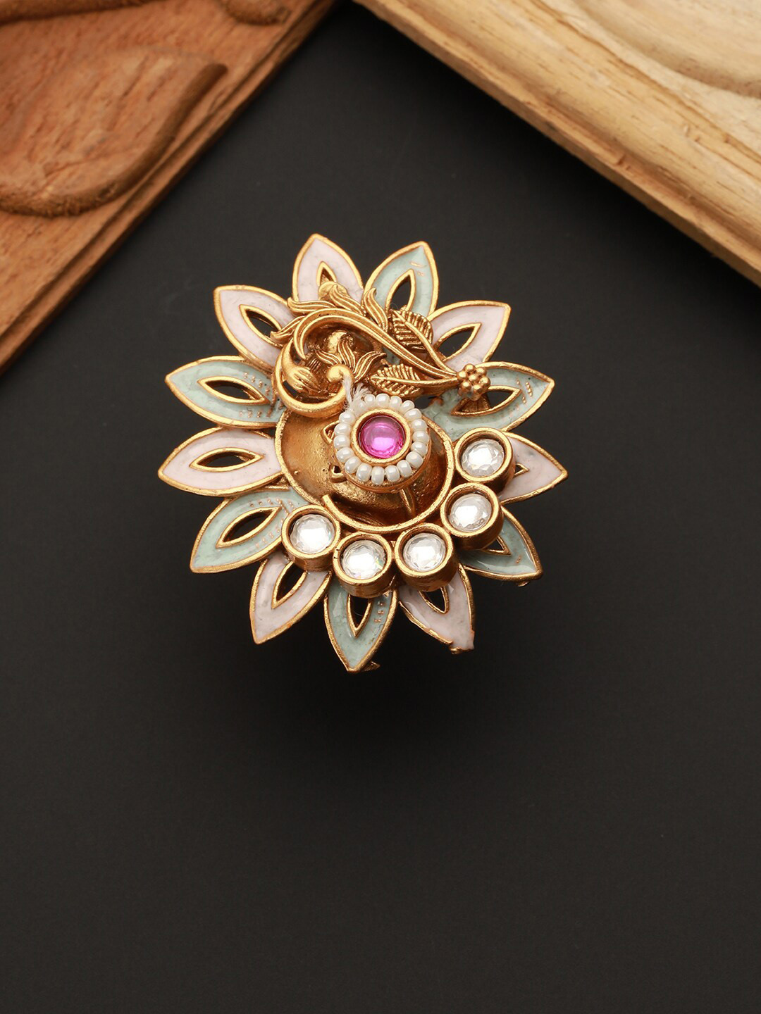 

Priyaasi Gold-Plated Stone-Studded & Beaded Finger Ring