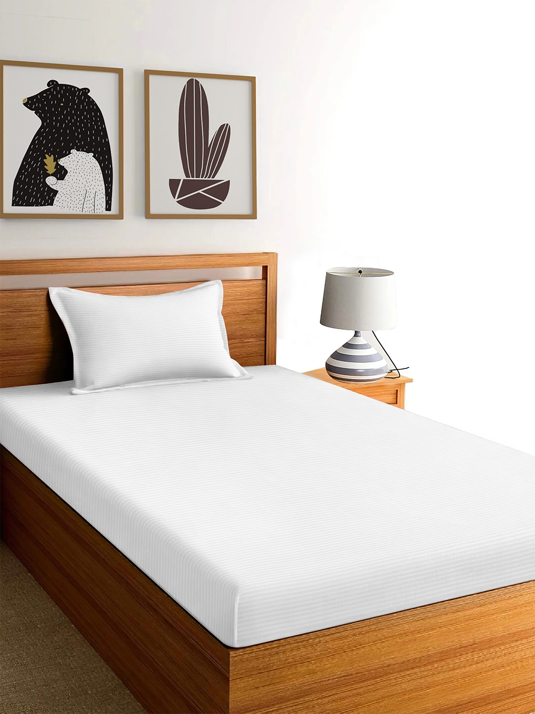

Dreamscape White Striped 220 TC Cotton Single Bedsheet & Pillow Cover